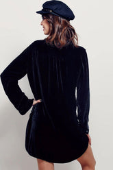 Robe courte en velours à manches longues et col en V vintage - Noir